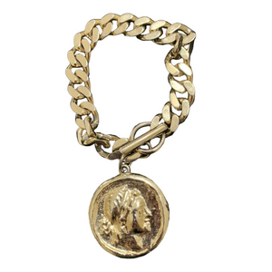 Vintage Metal Single Roman Coin Chunky Link Bracelet Charm Heavy Gold Tone Small
